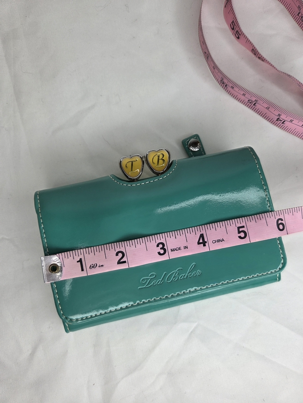 Ted Baker Turquoise Patent Leather Zip Wallet withSilver Accents/Floral Interior - Picture 13 of 14
